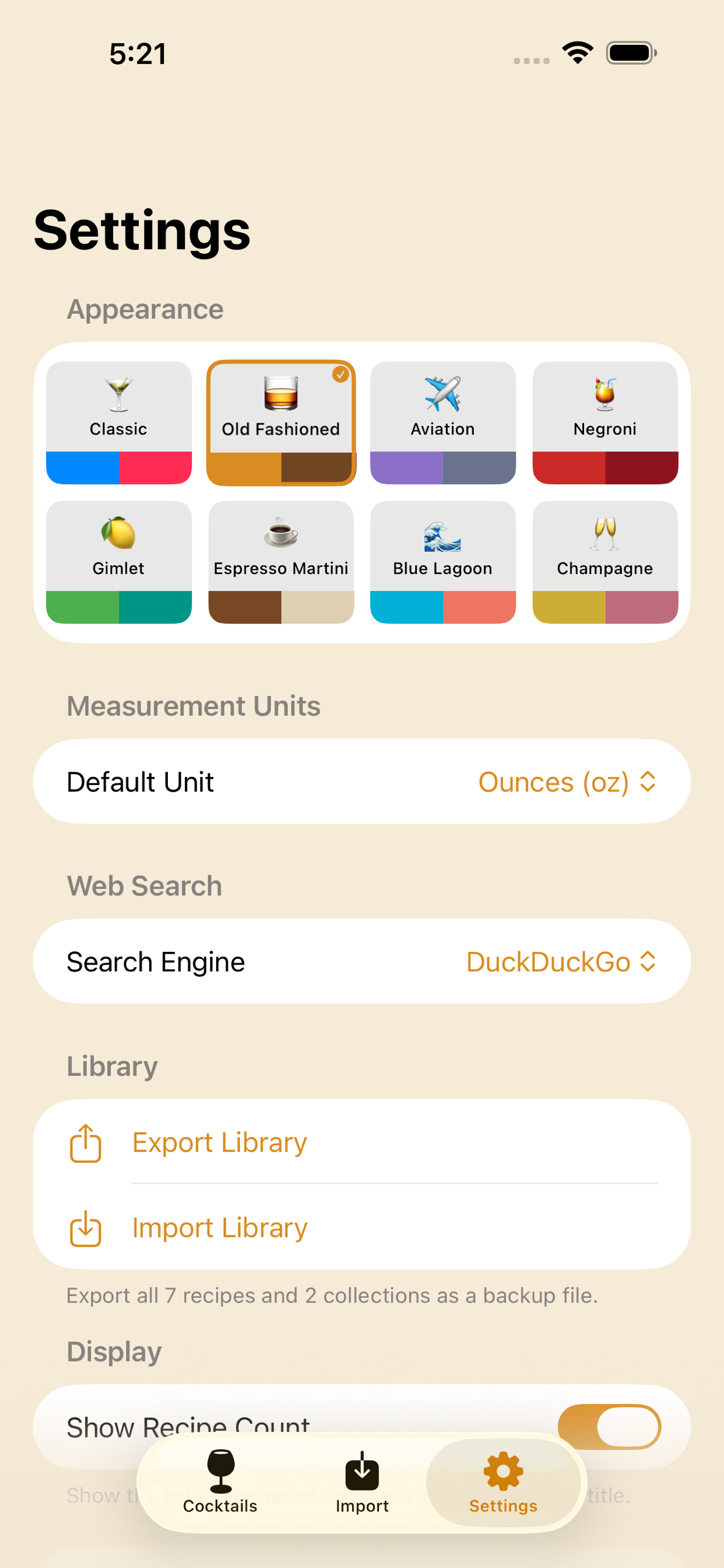 Settings with color themes